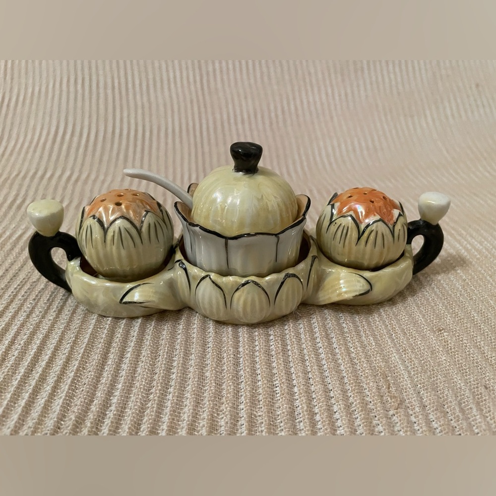 Vintage Condiment Set, Salt & Pepper Shakers, Jar with Spoon, And Underplate